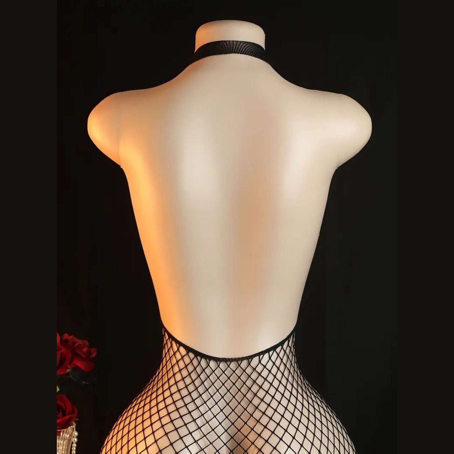 ADSEXY Women's Sexy Semi-Sheer Halter Neck Bodysuit with Crotchless Stocking - Black