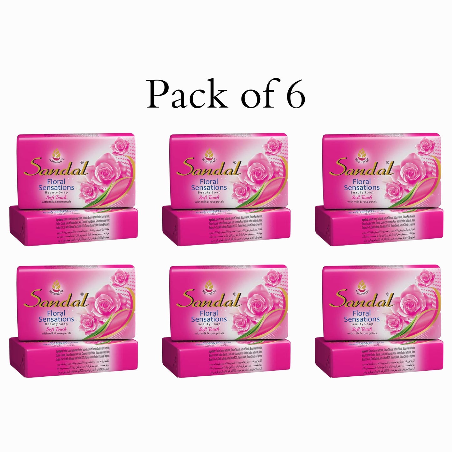 Sandal Floral Sensations Beauty Soap Pack of 6 - Rose Soft Touch