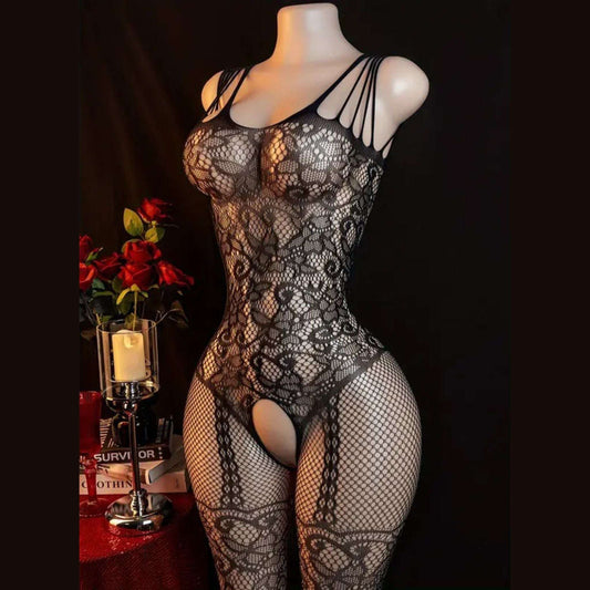 Women's Elegant Black Lace Mesh Bodysuit with Thigh High Stockings