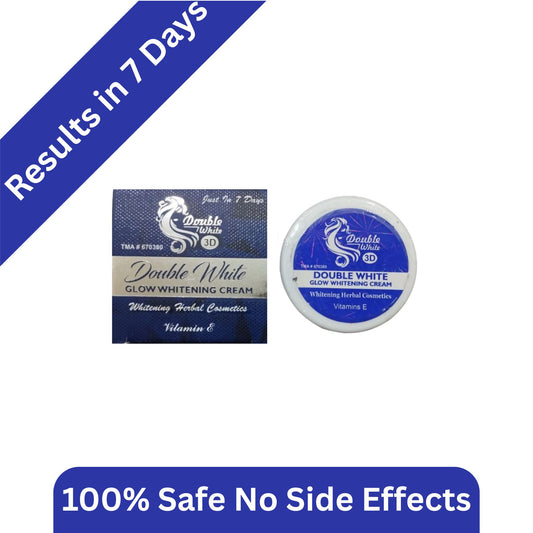 Double White 3D Glow Whitening Cream packaging and jar featuring herbal Vitamin E formula for 7-day results