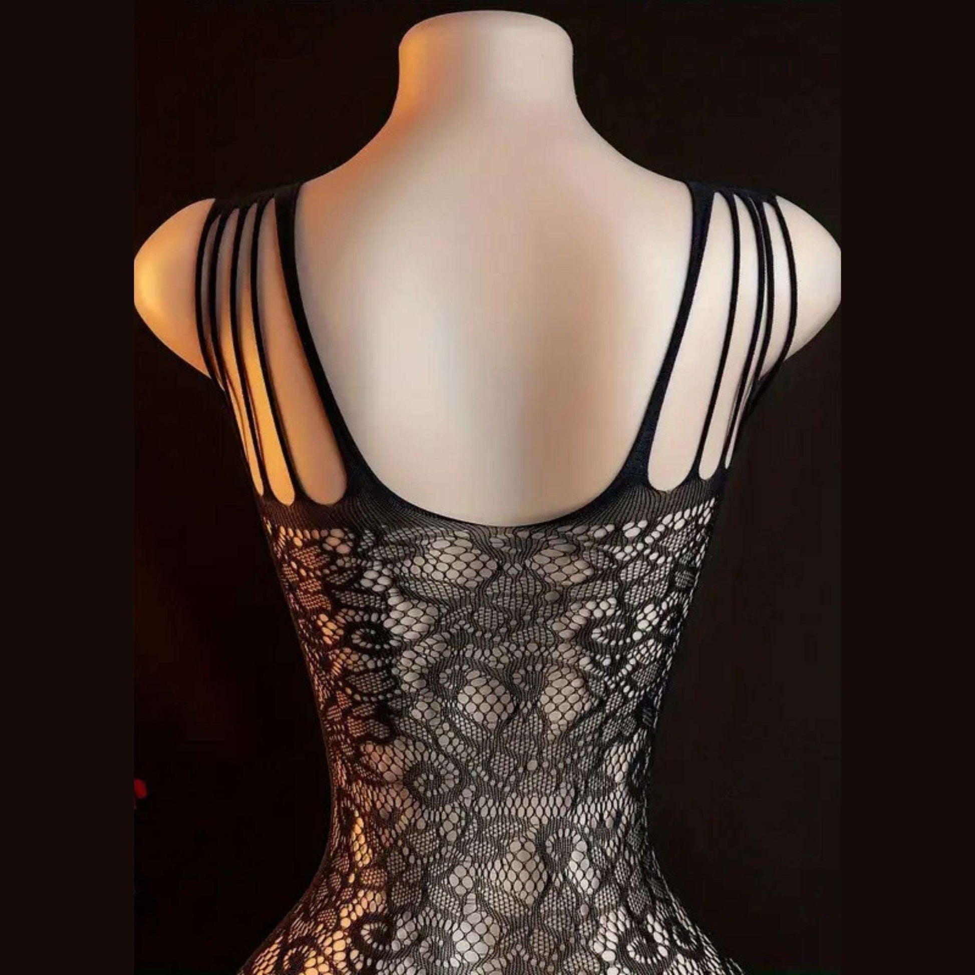 Women's Elegant Black Lace Mesh Bodysuit with Thigh High Stockings