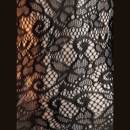 Women's Elegant Black Lace Mesh Bodysuit with Thigh High Stockings