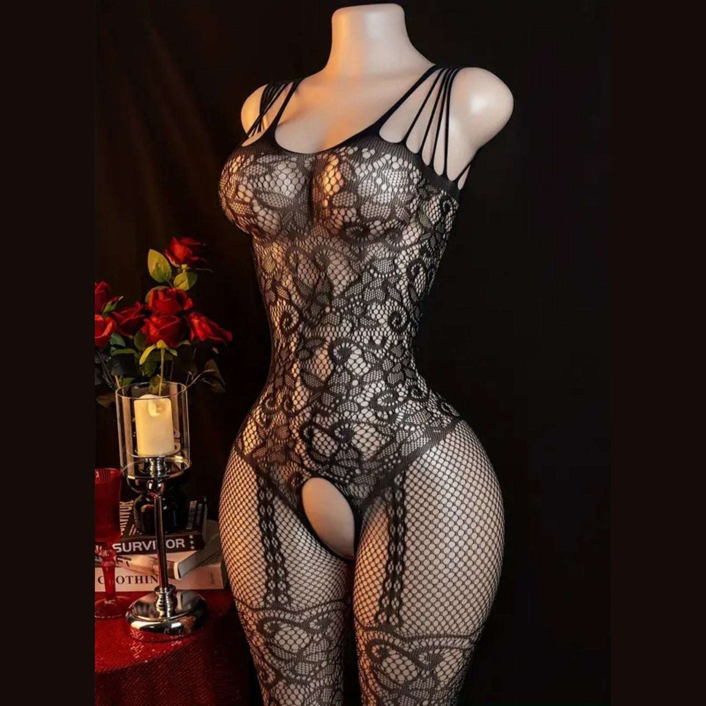 Women's Elegant Black Lace Mesh Bodysuit with Thigh High Stockings