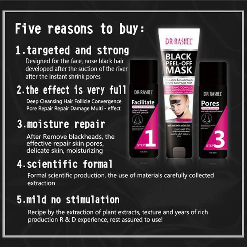 Dr Rashel Black Peel-Off Mask Collagen & Charcoals Remove Blackheads Mask 3 Steps